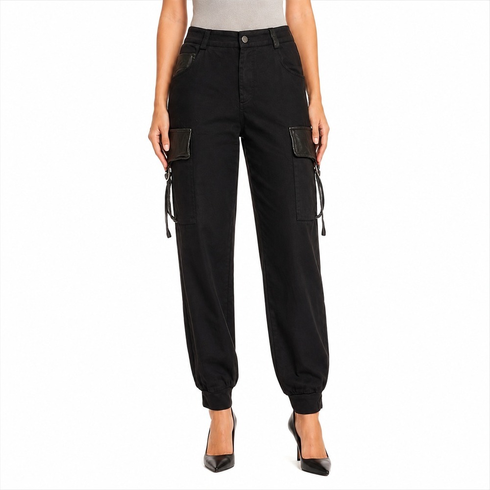 Alice‎ + Olivia Cargo Jogger Pants Women's Black Leather Trim Stretch Cotton